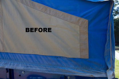 Leatherique Canvas dye, camper tent before restoration, faded, and tired.