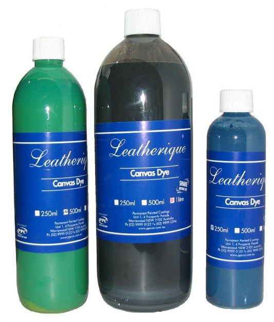 Leatherique Canvas Dye.  Canvas Dye. Renew you canvas to its original colour or change the colour completely.  Sizes 250m., 500m., 1 litre.  All standard colours available.  Colours can be  mixed to match
